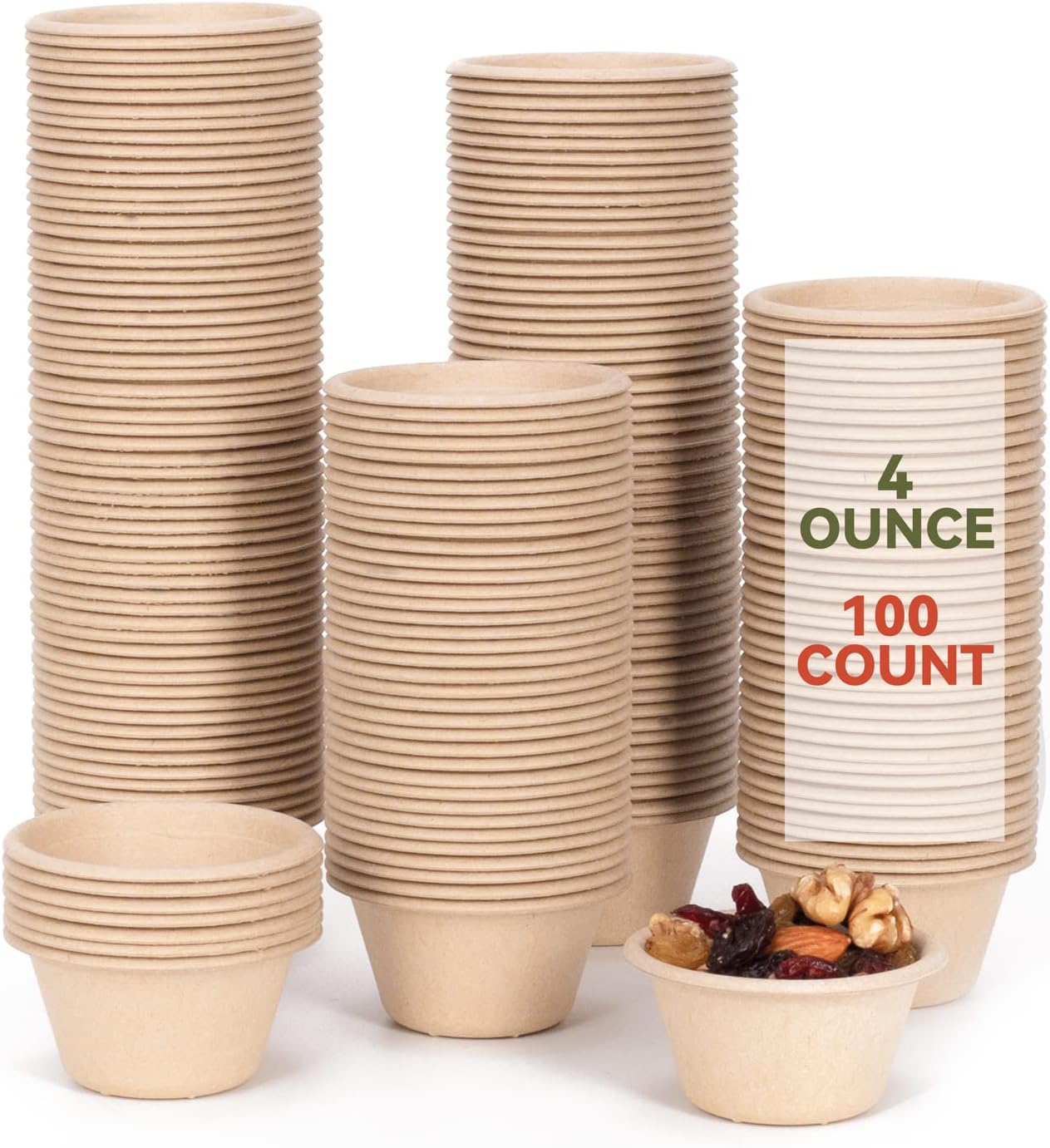 Gere Cuencos desechables para pruebas, paquete de 100, 4 onzas, tazas de soufflé de fibra de bagazo biodegradable natural, tazas de condimentos,