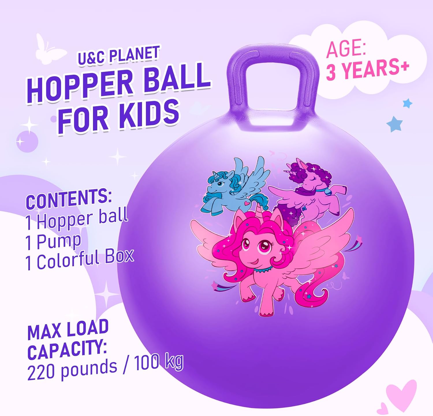U&C Planet Hoppity Hop – Pelota de salto con asa para niños de 3 a 6 años, para sentarse y rebotar de 18 pulgadas con bomba