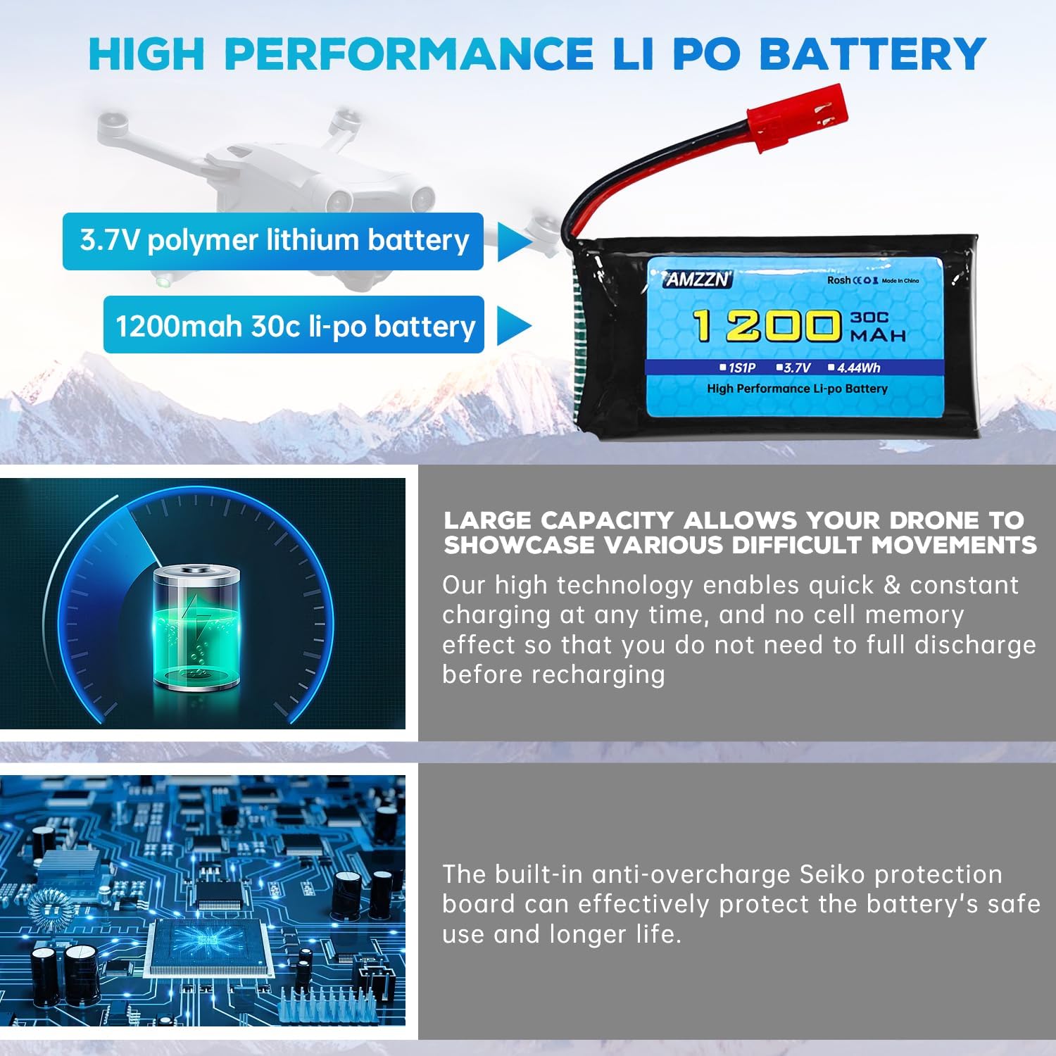 Batería Lipo de 3.7 V 1200 mAh 30C con cable de carga USB, enchufe JST para MJX T04 T05 T25 X900 X9TW V2400HD V2450FPV V2450GPS RC Drone Accesorios