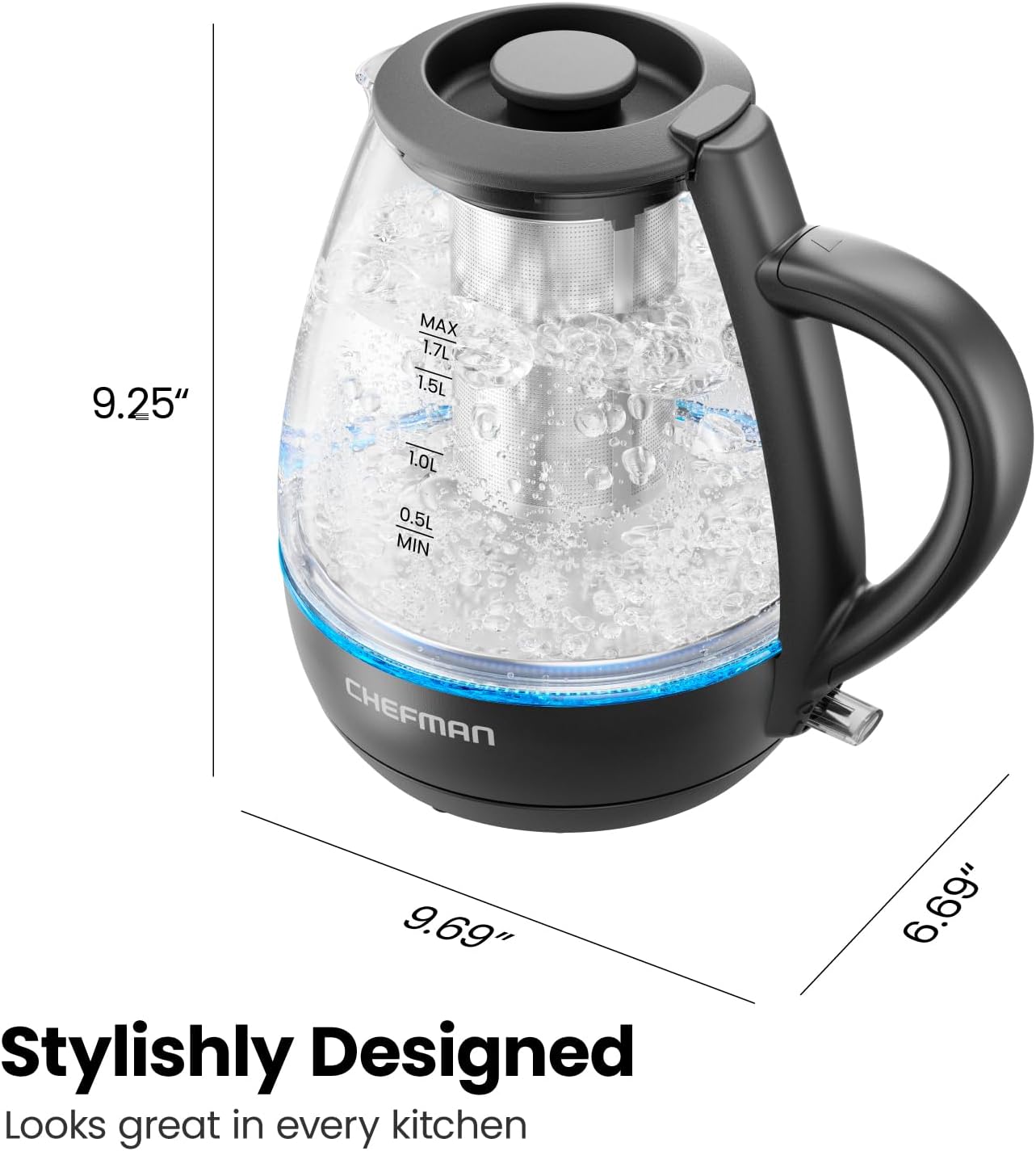 Chefman Hervidor eléctrico con infusor de té, 1.7L 1500W, tapa extraíble para una fácil limpieza, protección contra hervir en seco, filtro de acero