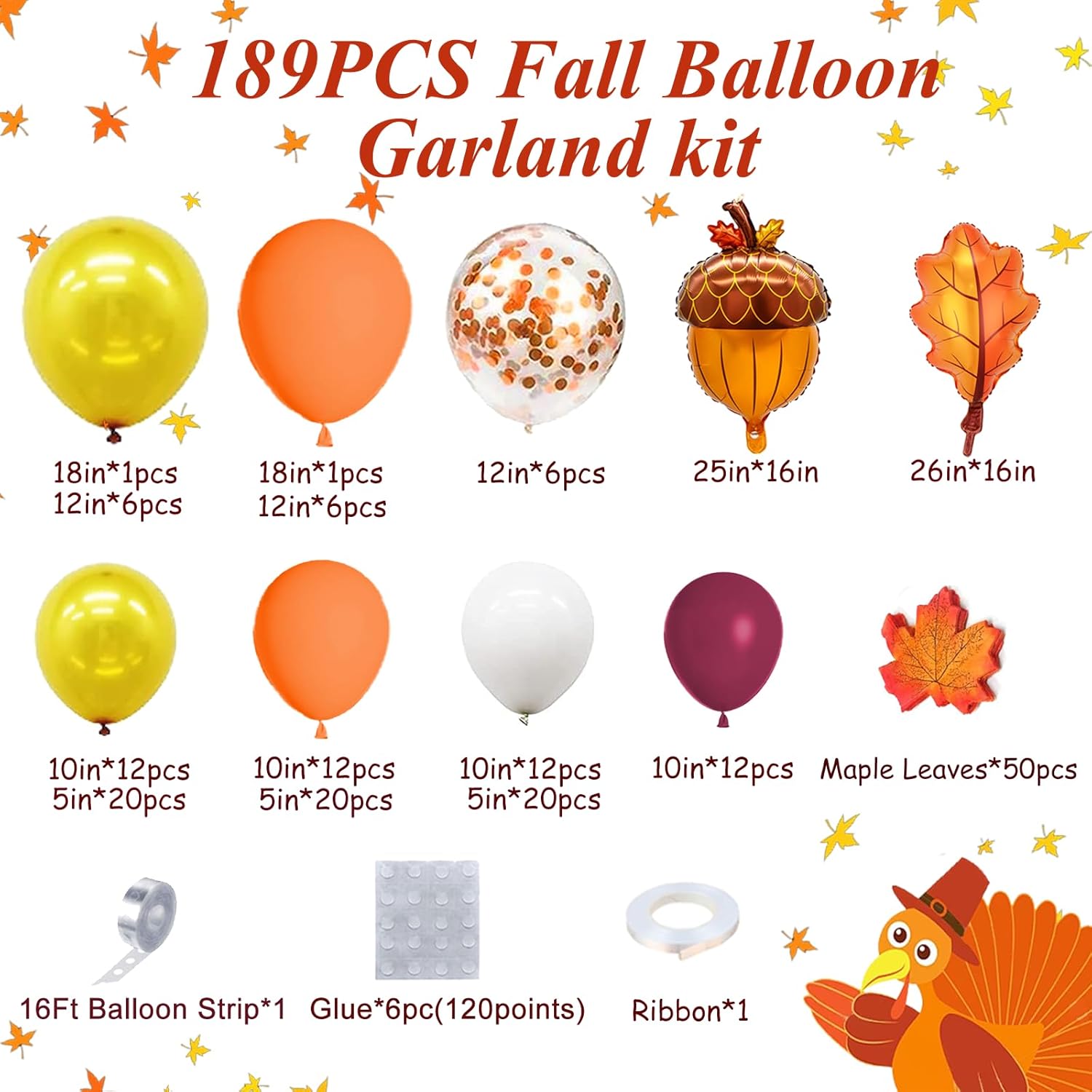 AobkDeco Kit de arco de guirnalda de globos de otoño de 189 piezas, decoraciones de otoño, globos naranjas, burdeos, blancos, para Acción de