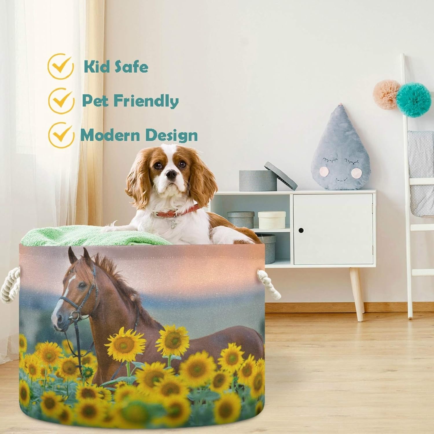 visesunny Cesta de almacenamiento de caballo rojo, girasol, cesta para guardería, organizador de ropa, juguetes, bolsa de lavandería plegable para