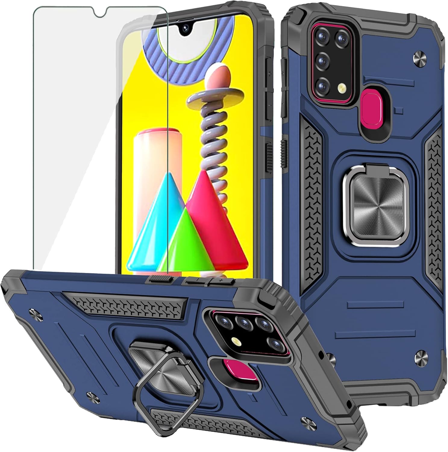 Asuwish Funda de teléfono para Samsung Galaxy M30s M21 M31M21sF41 y protector de pantalla de vidrio templado, accesorios de soporte de anillo
