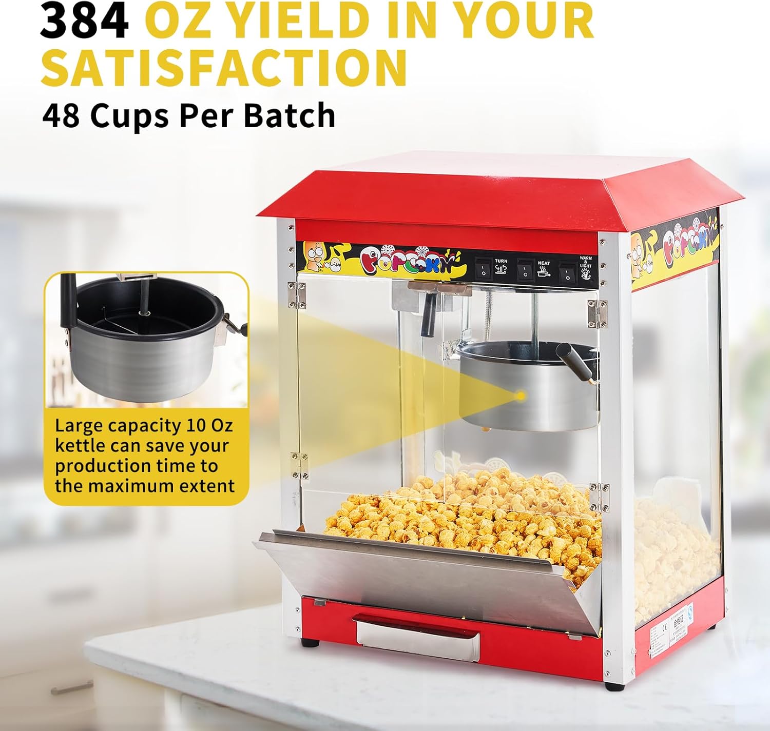 Máquina comercial de palomitas de maíz, hervidor de 10 onzas, máquina de palomitas de maíz para encimera de 1300 W para 60 tazas por lote, máquina