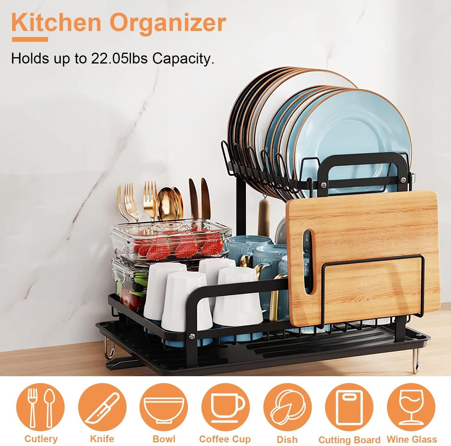 Escurridor de platos para encimera de cocina, escurridor de platos de 2 niveles con escurridor desmontable, juego organizador de escurridor a prueba