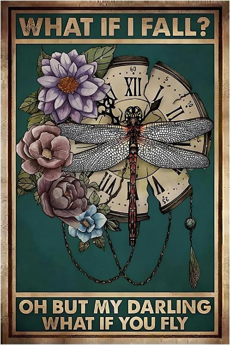 Cartel de metal retro con diseño de libélula bohemio vintage, decoración de pared, My Darling What if You Fly, regalos motivacionales para niñas,