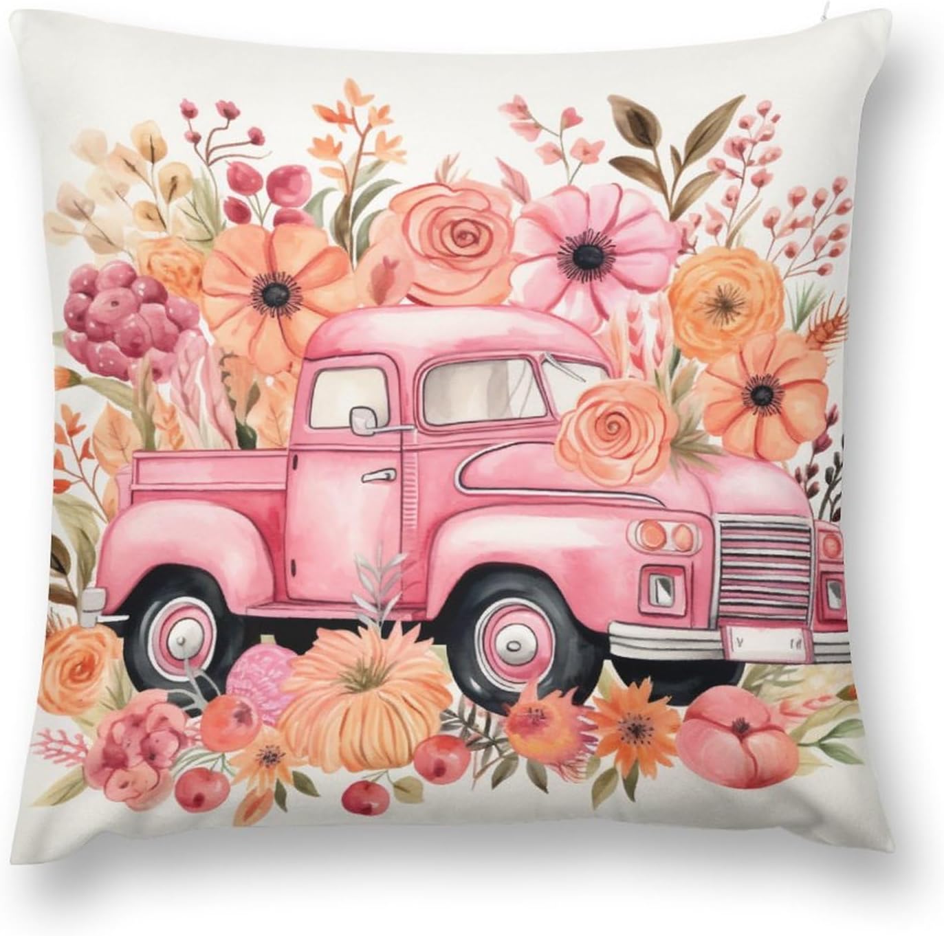 Fundas de almohada de 20 x 20 pulgadas, diseño de acuarela rosa con estampado de flores de calabaza y camión rosa, suave, estampado de doble cara,