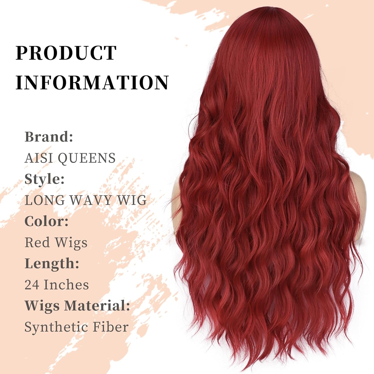 AISI QUEENS Peluca roja larga ondulada roja para mujer, 24 pulgadas, cabello ondulado con raya en medio, resistente al calor, peluca rizada de fibra