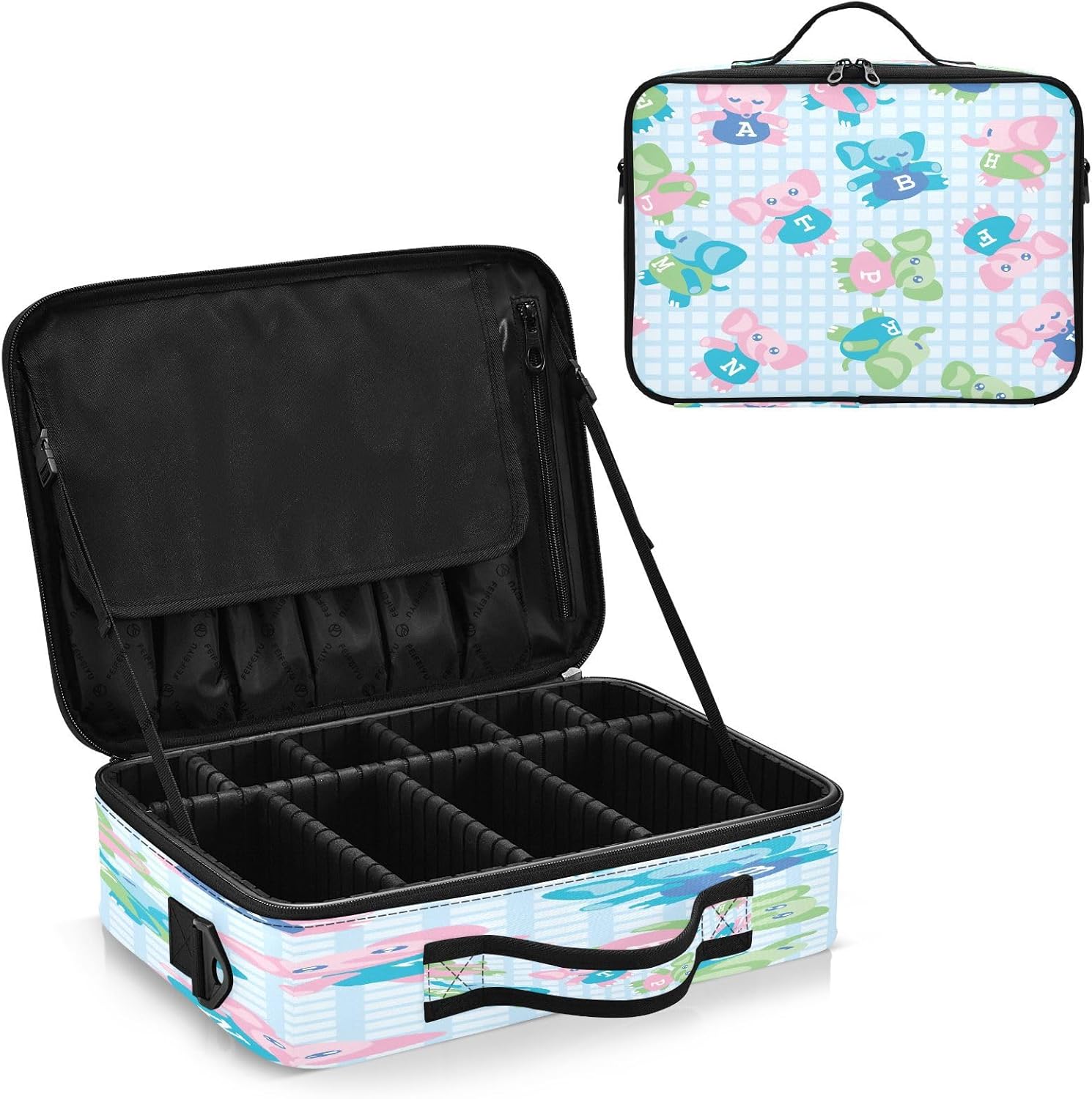 Elefante de dibujos animados a cuadros azul capacidad bolsa de cosméticos bolsa de aseo kit de viaje maquillaje bolsas de maquillaje mujeres bolsa