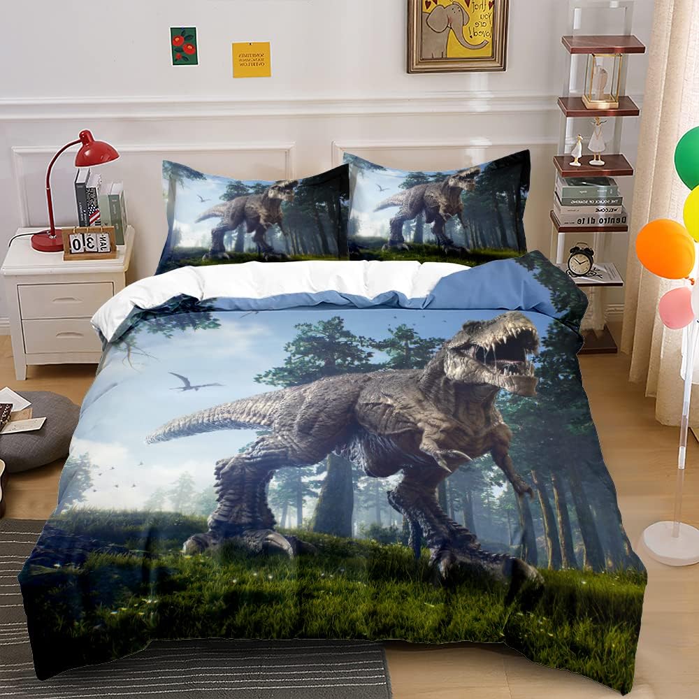Juego de funda de edredón para hombre, tamaño Queen, King, juego de ropa de cama de dinosaurio, funda de edredón suave de dibujos animados 3D con