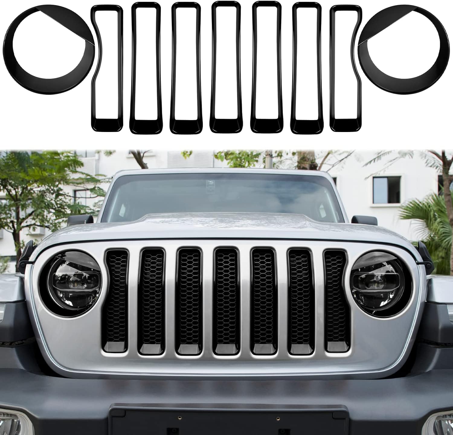 LAIKOU 9 piezas mejoradas para parrilla delantera y cubierta de lámpara de faro, accesorios exteriores para Jeep Wrangler JL JLU SportSports 2018