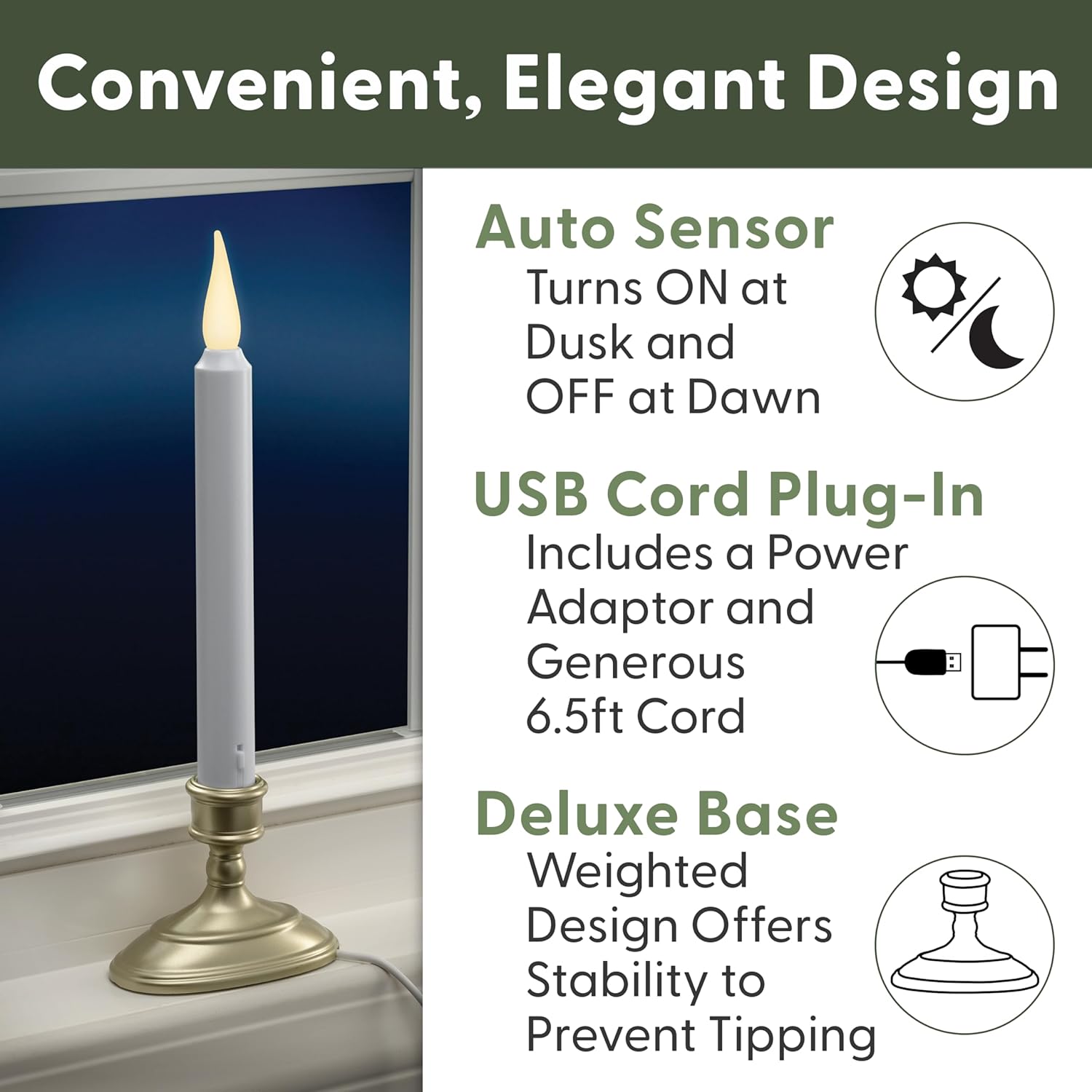 612 Vermont Velas LED eléctricas para ventana con sensor del anochecer al amanecer, llama parpadeante blanca cálida o encendido constante, adaptador