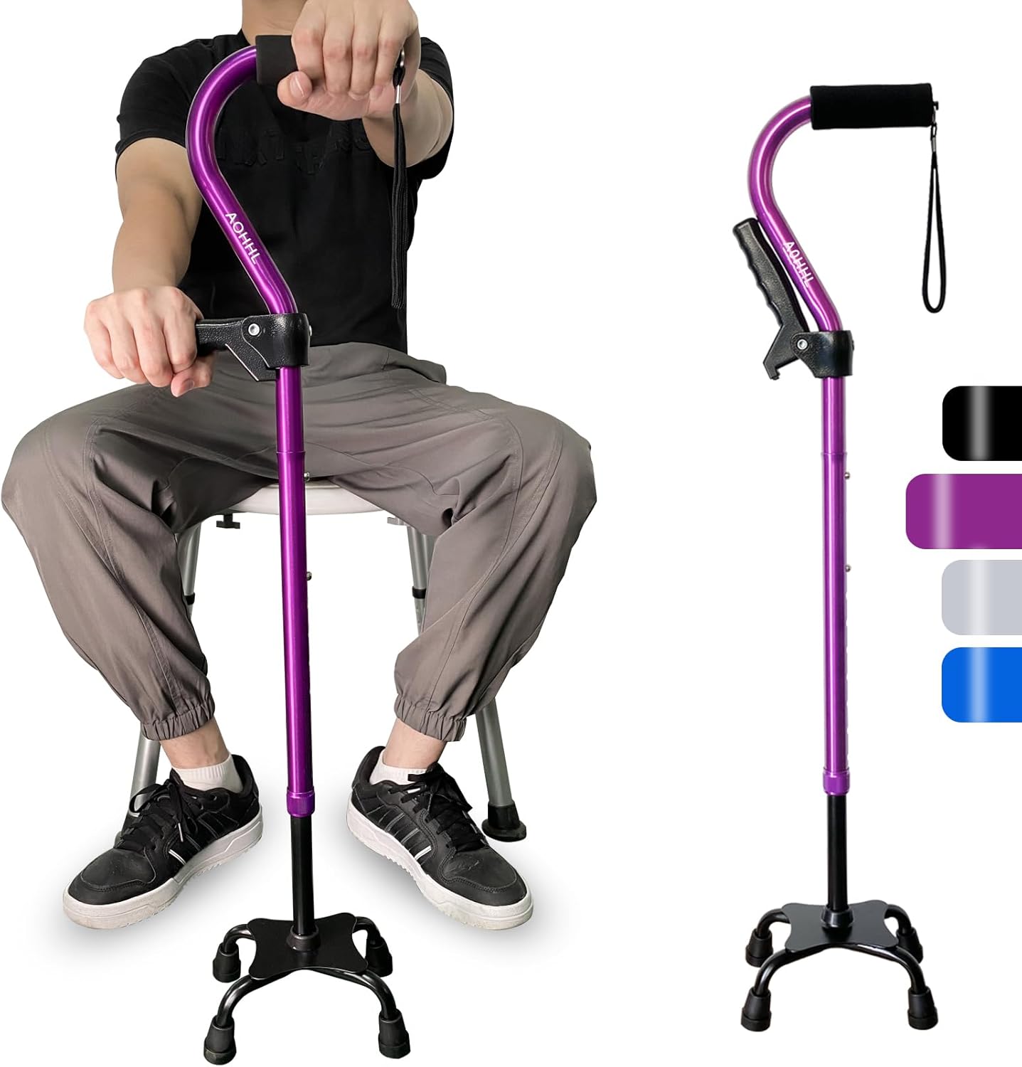 Bastón plegable y ajustable para hombres y mujeres y personas mayores, ligero y resistente con base de 4 puntas para un equilibrio de estabilidad