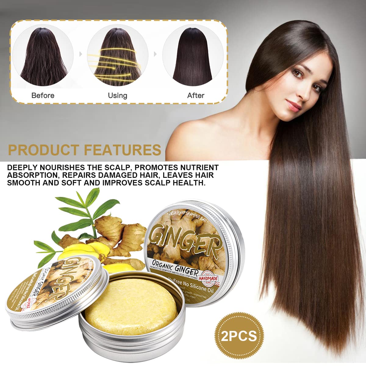 Barra de champú para el crecimiento del cabello de jengibre, champú de jengibre natural contra la caída del cabello promueve el crecimiento del