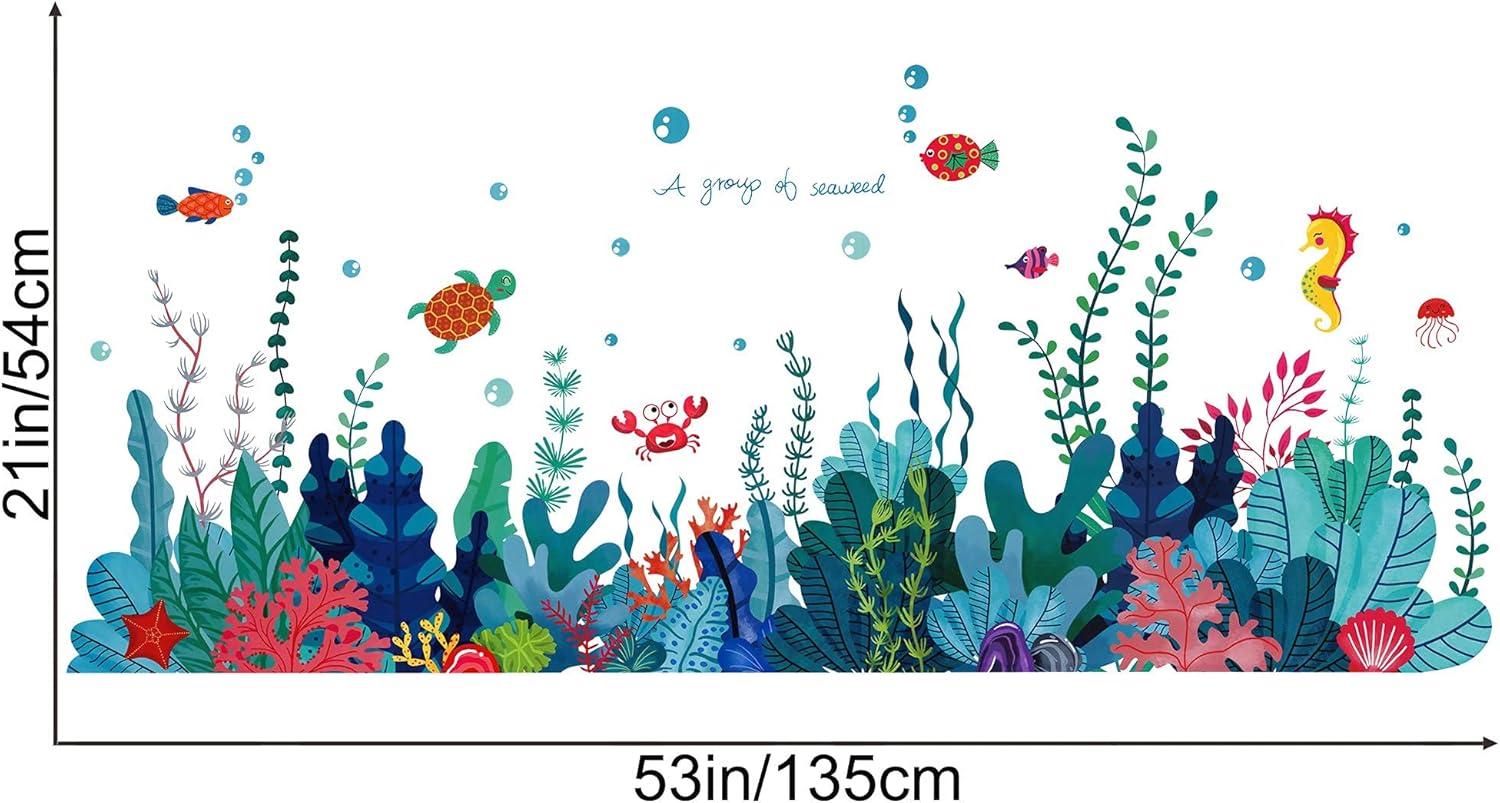 RW – 6794 – Adhesivo de pared extraíble 3D bajo el mar con vista al mar, calcomanías de pared de algas marinas coral océano, murales para despegar y