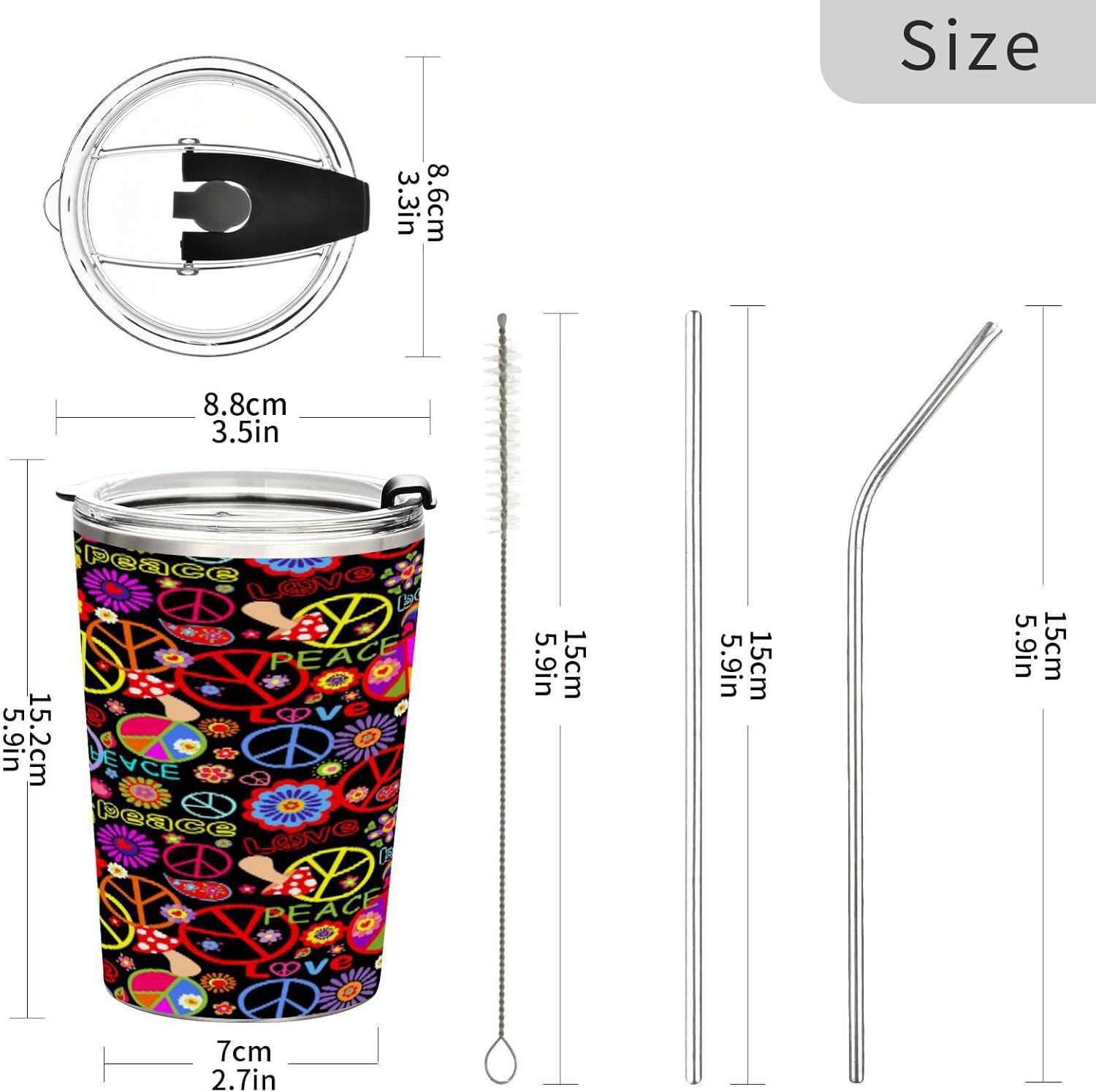 Taza aislada de acero inoxidable con diseño de arcoíris y texto en inglés “Peace Love” de 20 onzas, a prueba de fugas, reutilizable, con tapa y