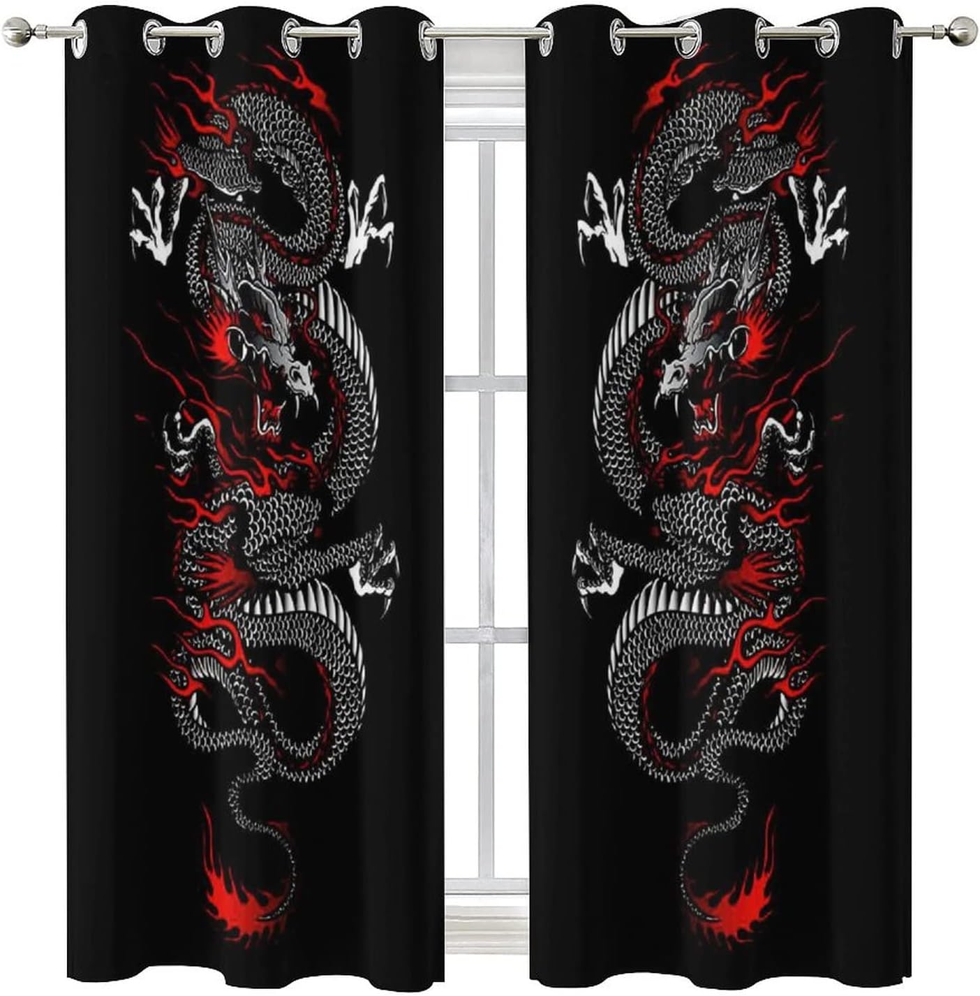 fucyBu Cortinas opacas para oscurecer la habitación con ojales, diseño de dragón chino, fantasía, retro, negro, rojo, dragón japonés, eficiencia