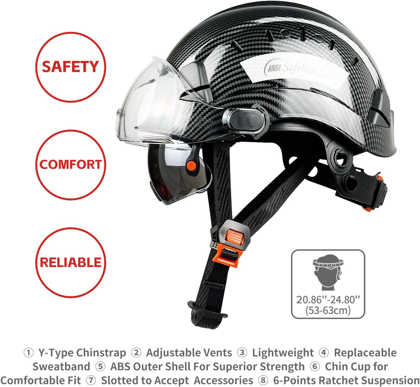 CR06X+2V Casco de seguridad de construcción con visera incorporada, casco duro ABS con visera, patrón de fibra de carbono ventilado, certificado