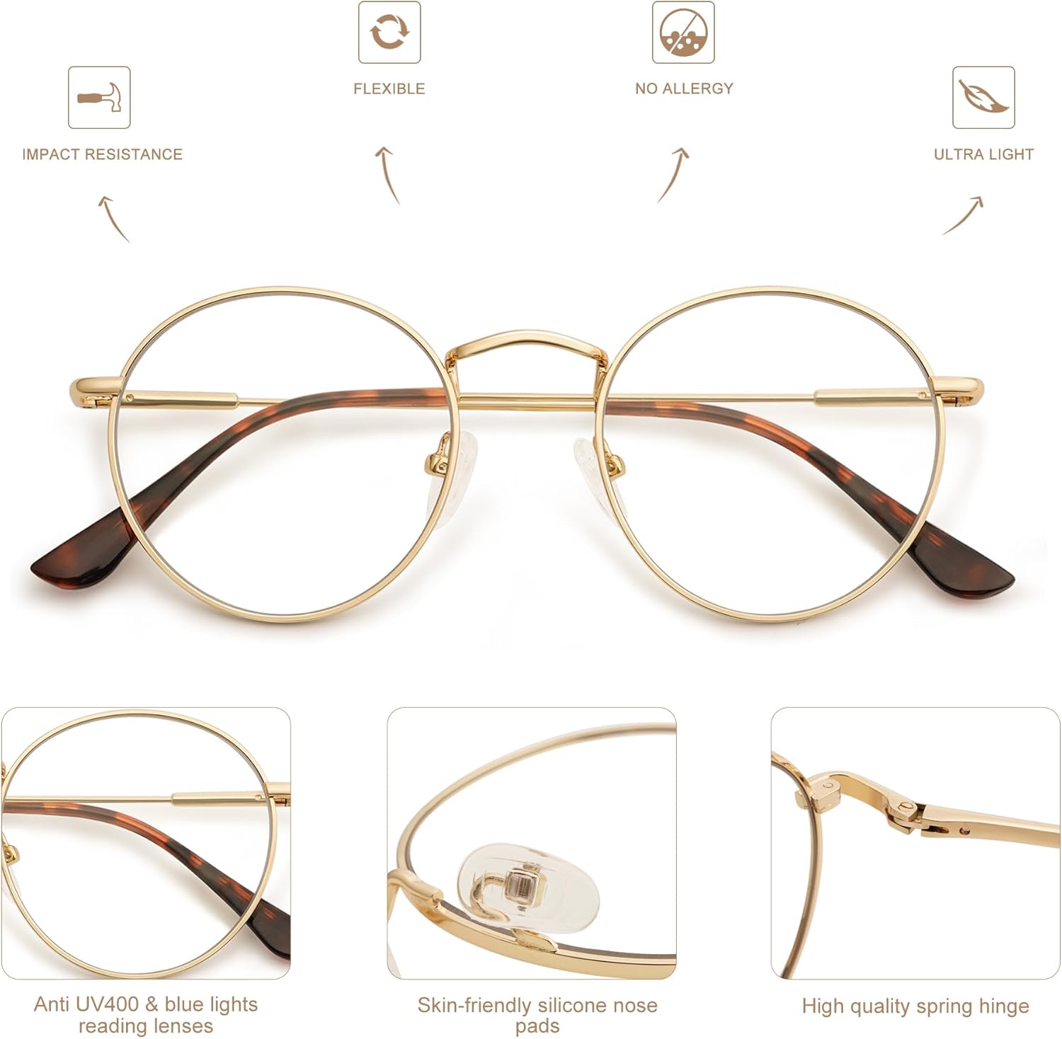 Paquete de 3 lentes de lectura redondos retro para hombres y mujeres, a la moda, bloqueo de luz azul, para lectura frente a la computadora, marco de