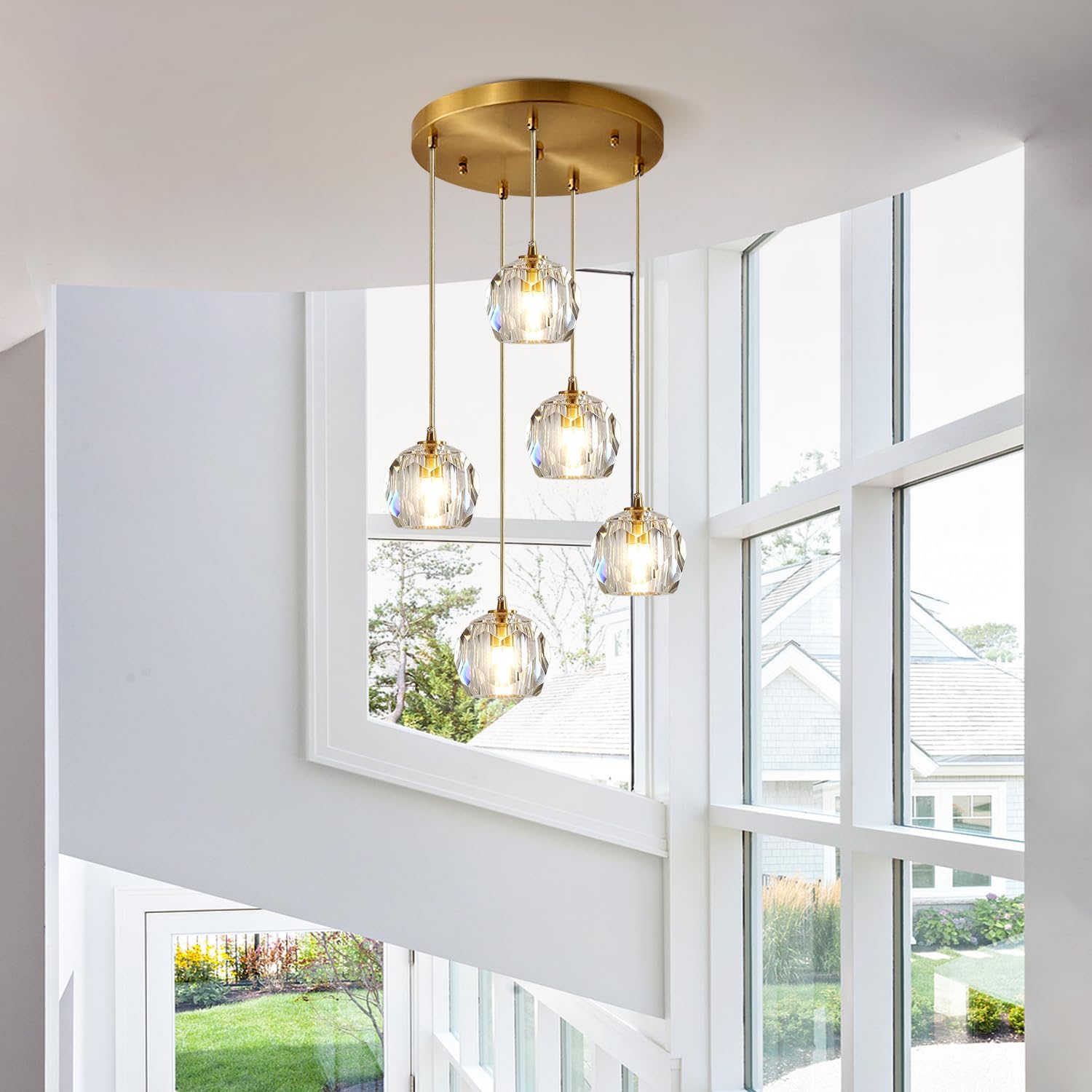Iluminación colgante de racimo de 5 luces de mediados de siglo, moderna lámpara colgante de isla de cocina de cristal dorado, lámpara colgante LED
