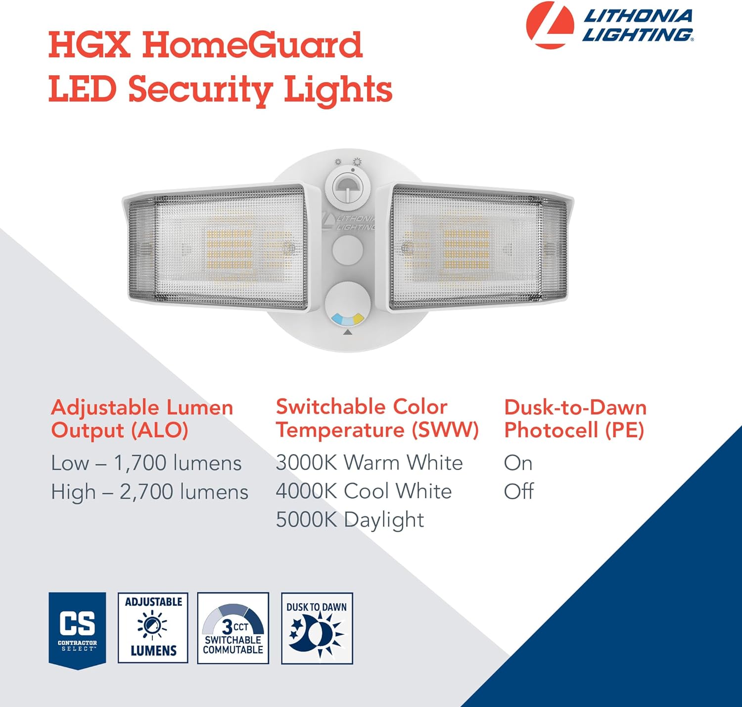 Lithonia Lighting HGX LED 2SH ALO SWW2 120 PE WH M2 HomeGuard – Reflector LED de seguridad para exteriores, salida de luz ajustable, CCT conmutable,