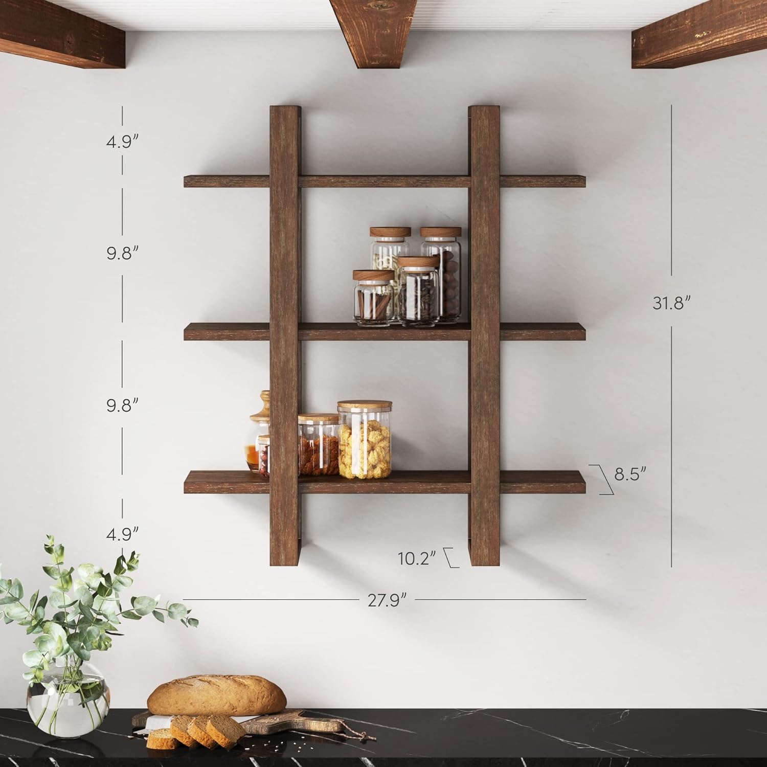 Nathan James Estantes flotantes de pared para libros, estante de exhibición de 3 niveles, estante modular decorativo en madera maciza para