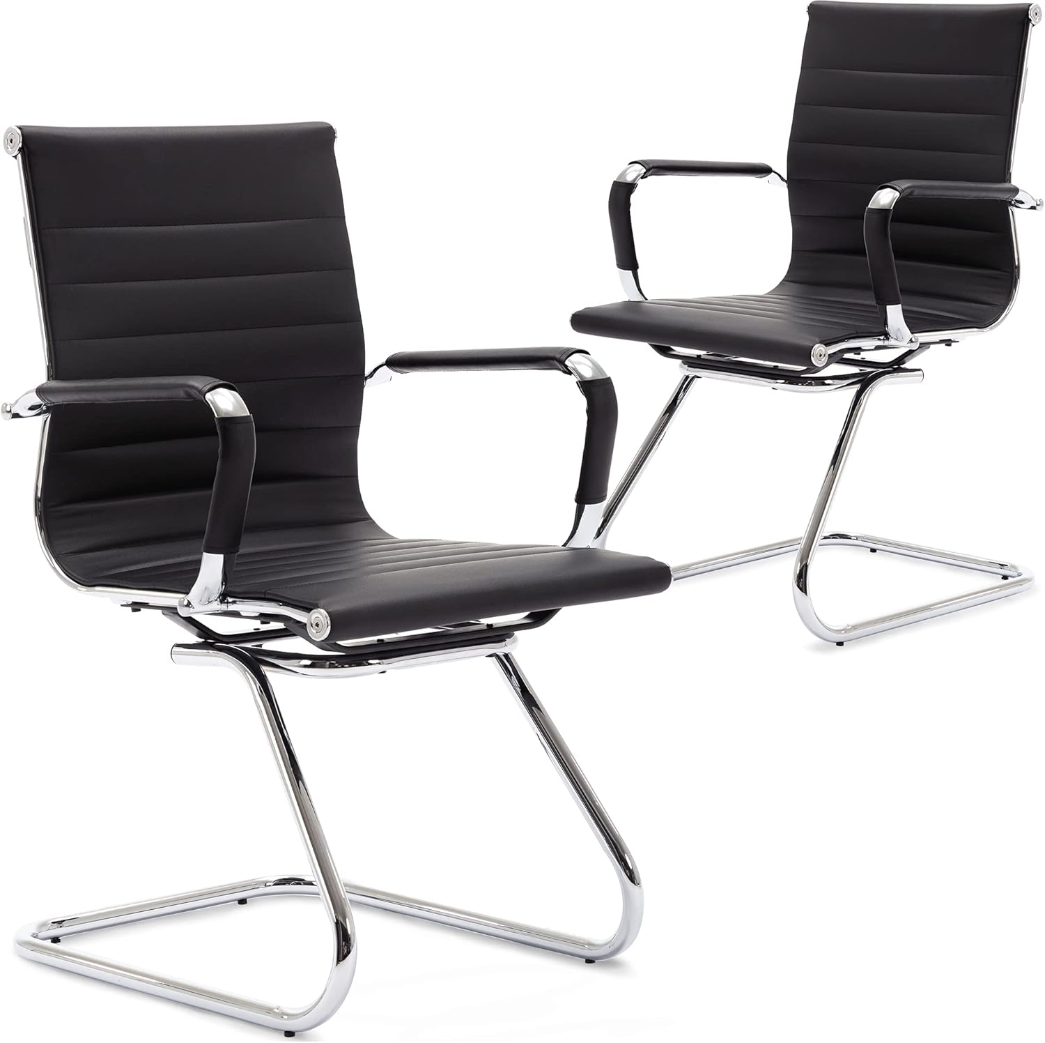 Wahson Silla de oficina de piel resistente para invitados respaldo medio, sillas de cuarto de conferencia, recepcion, set de 2 , Cuero, Negro
