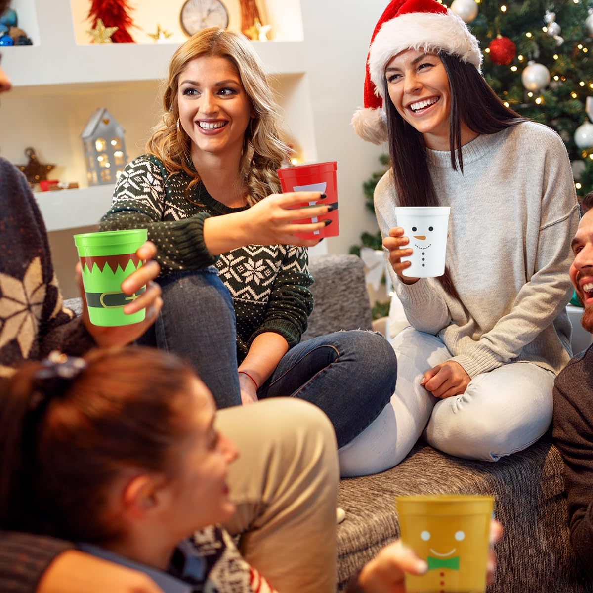 Rokochoes 24 vasos de plástico reutilizables para fiestas navideñas, con elementos navideños, aperitivos, tazones de Papá Noel, cuencos de helado,
