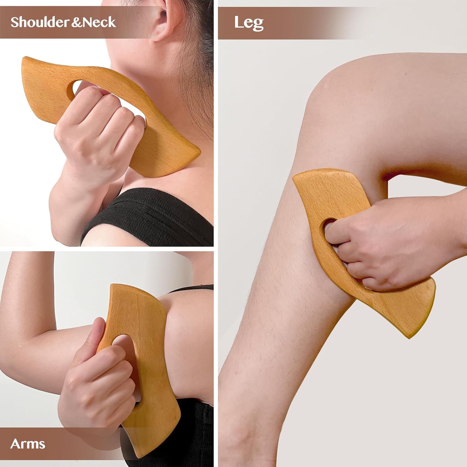 Wooden Gua Sha Massage Tool Set with Handle, (Smooth) Guasha Scraping Massager with Handle for Neck Back Face Leg, Facial Sculpting Anti Cellulite