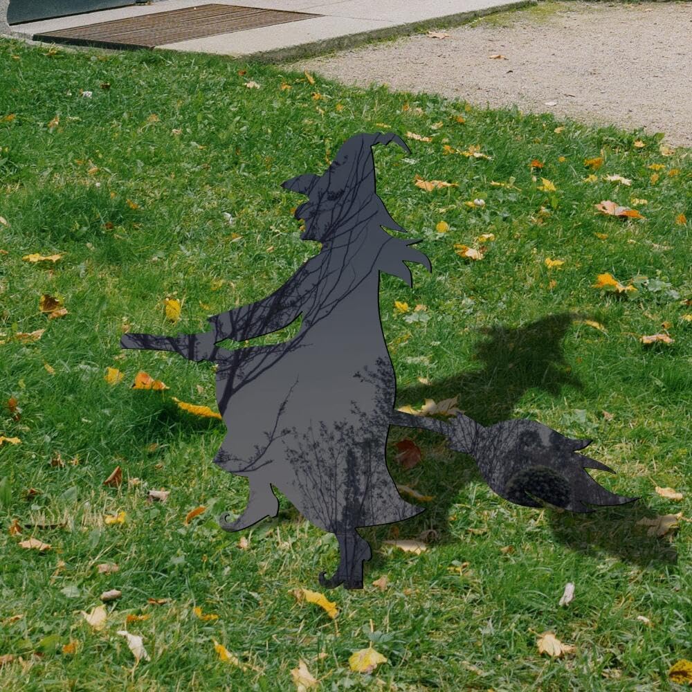 MUDOUCVC Decoraciones de Halloween al aire libre, silueta de bruja negra de Halloween con estacas, letreros de acrílico de Halloween para patio,