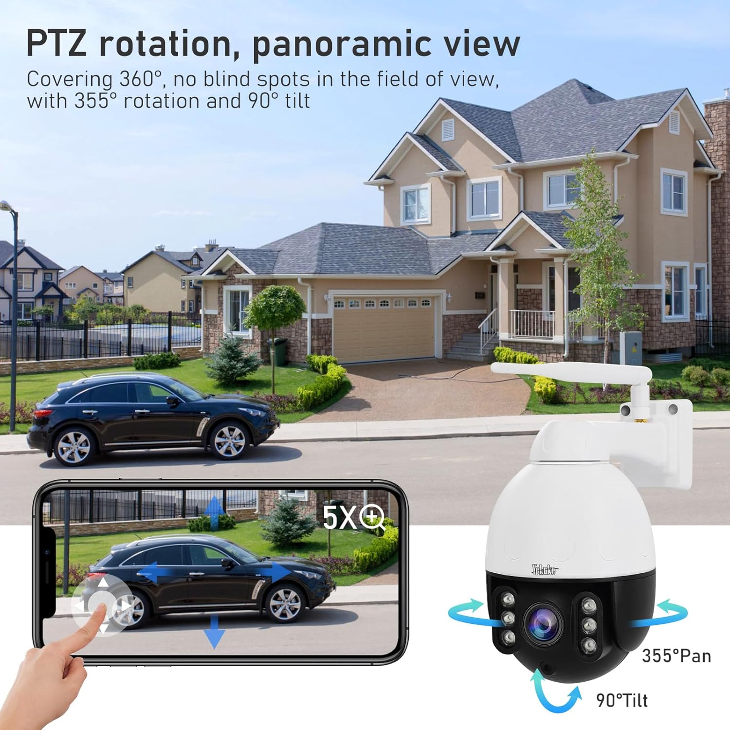 YoLuKe Cámara PTZ al aire libre, 5MP 5X Zoom óptico WiFi Cámara IP con rotación de 360 y distancia de visión de 98.4 ftdetección humana y