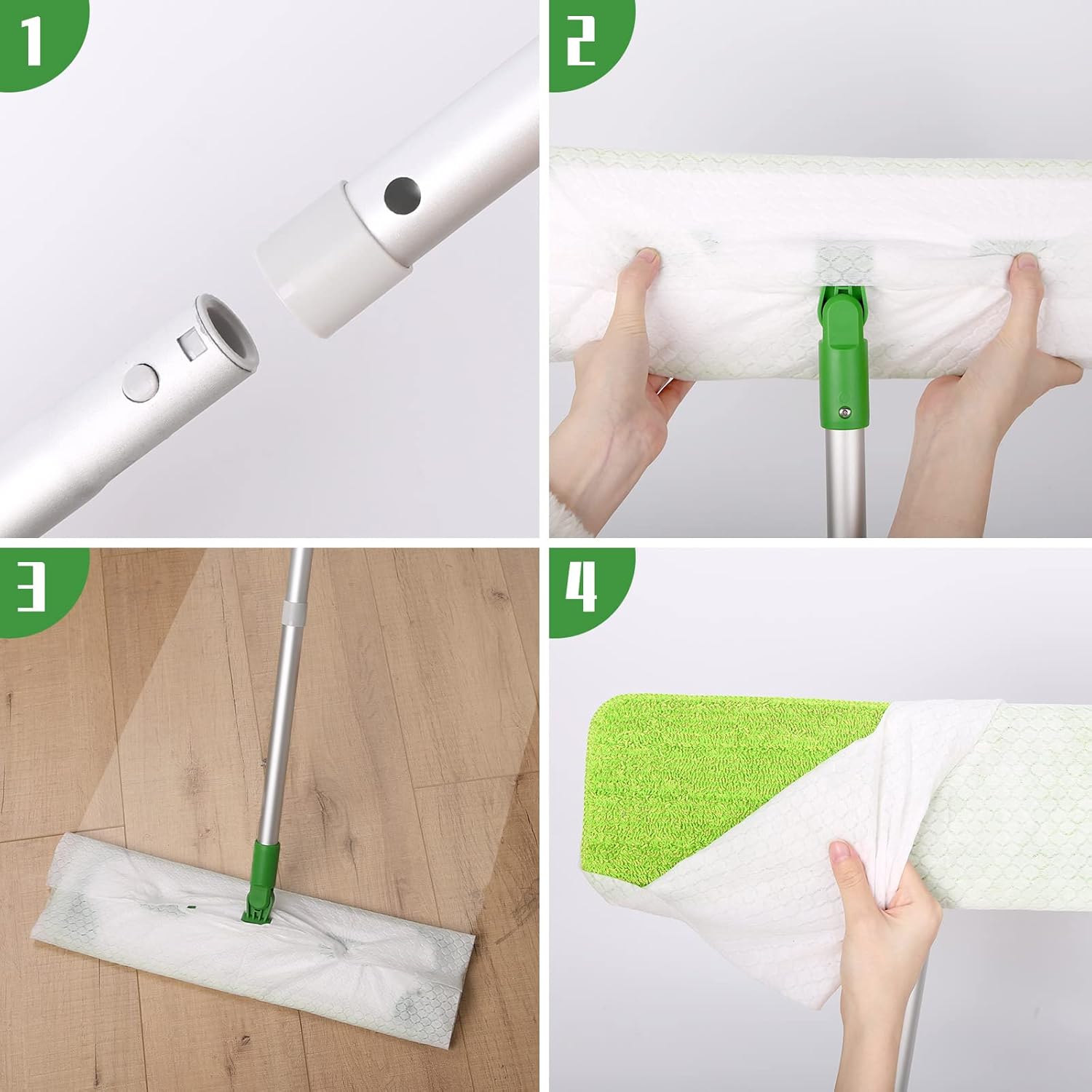 Trapeador de microfibra para limpieza de pisos, 2 almohadillas lavables reutilizables y 2 paños desechables para trapeador plano húmedo y seco con