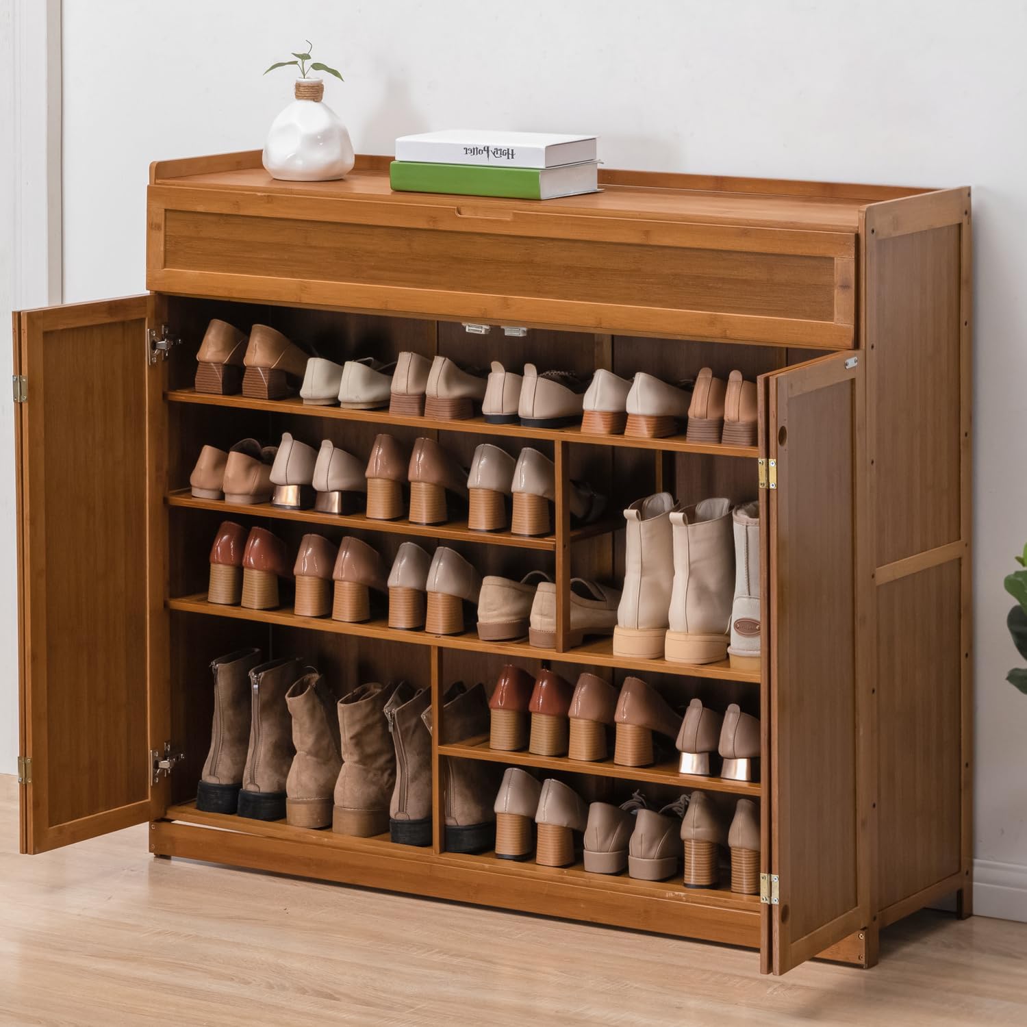 Magshion Organizador de zapatos plegable de bambú de 7 niveles para tacones y botas largas, entrada de pasillo, organizador de zapatos independiente