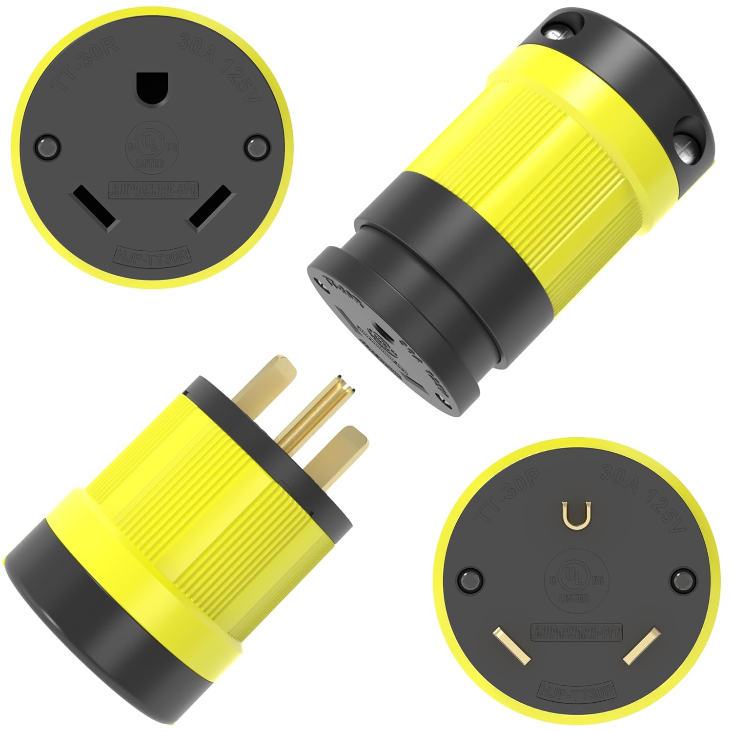 Journeyman-Pro NEMA TT-30R, 30 amperios, 125 voltios, conector hembra de remolque RV de hoja recta, grado industrial negroamarillo, generador de