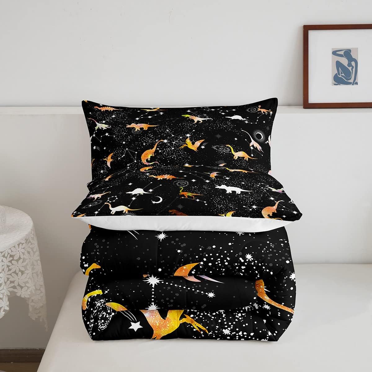 Erosebridal Juego de edredón de dinosaurio teñido anudado, tamaño individual, para niños y niñas, juego de ropa de cama de dinosaurio amarillo para