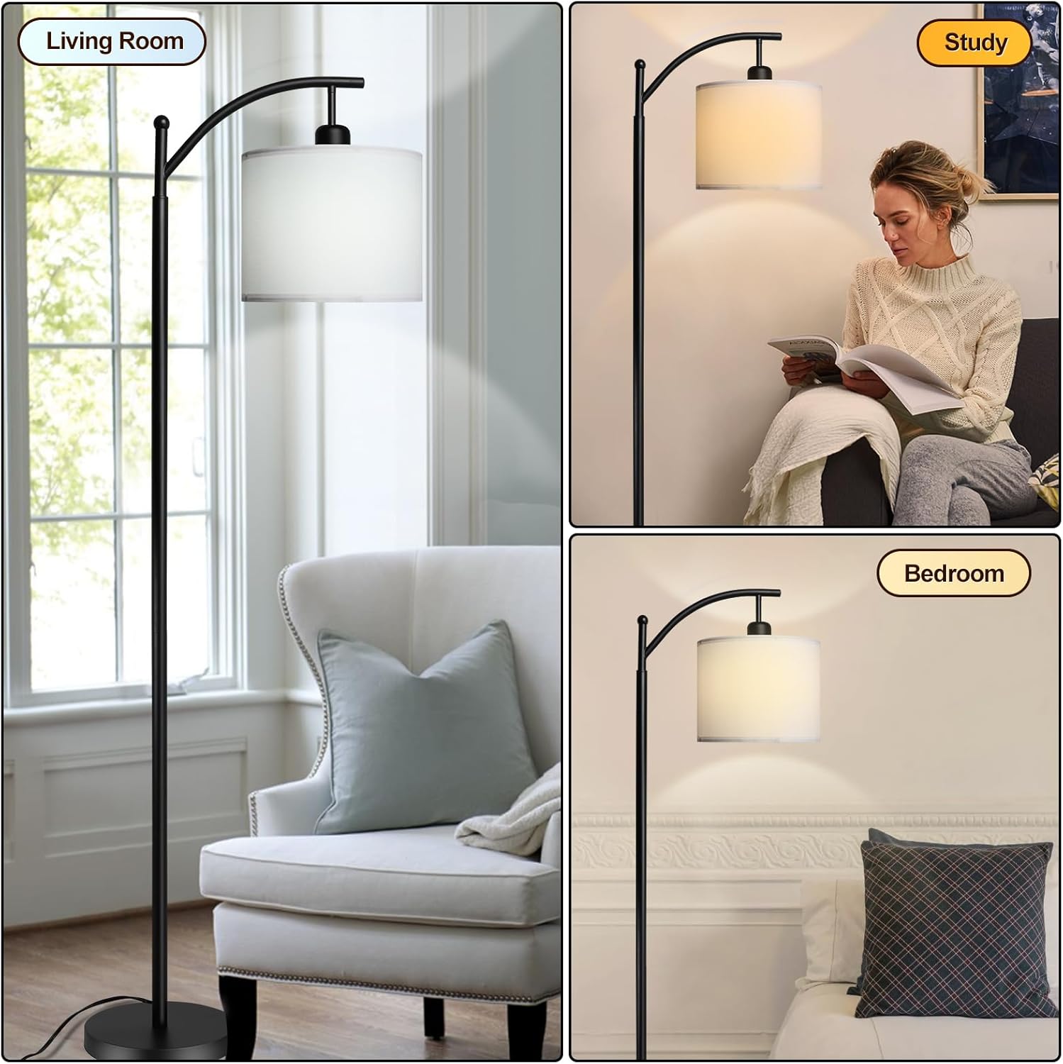 DLLT Lámpara de pie de arco con pantalla, lámpara de pie con 3 temperaturas de color, lámpara de poste alto de granja para sala de estar,