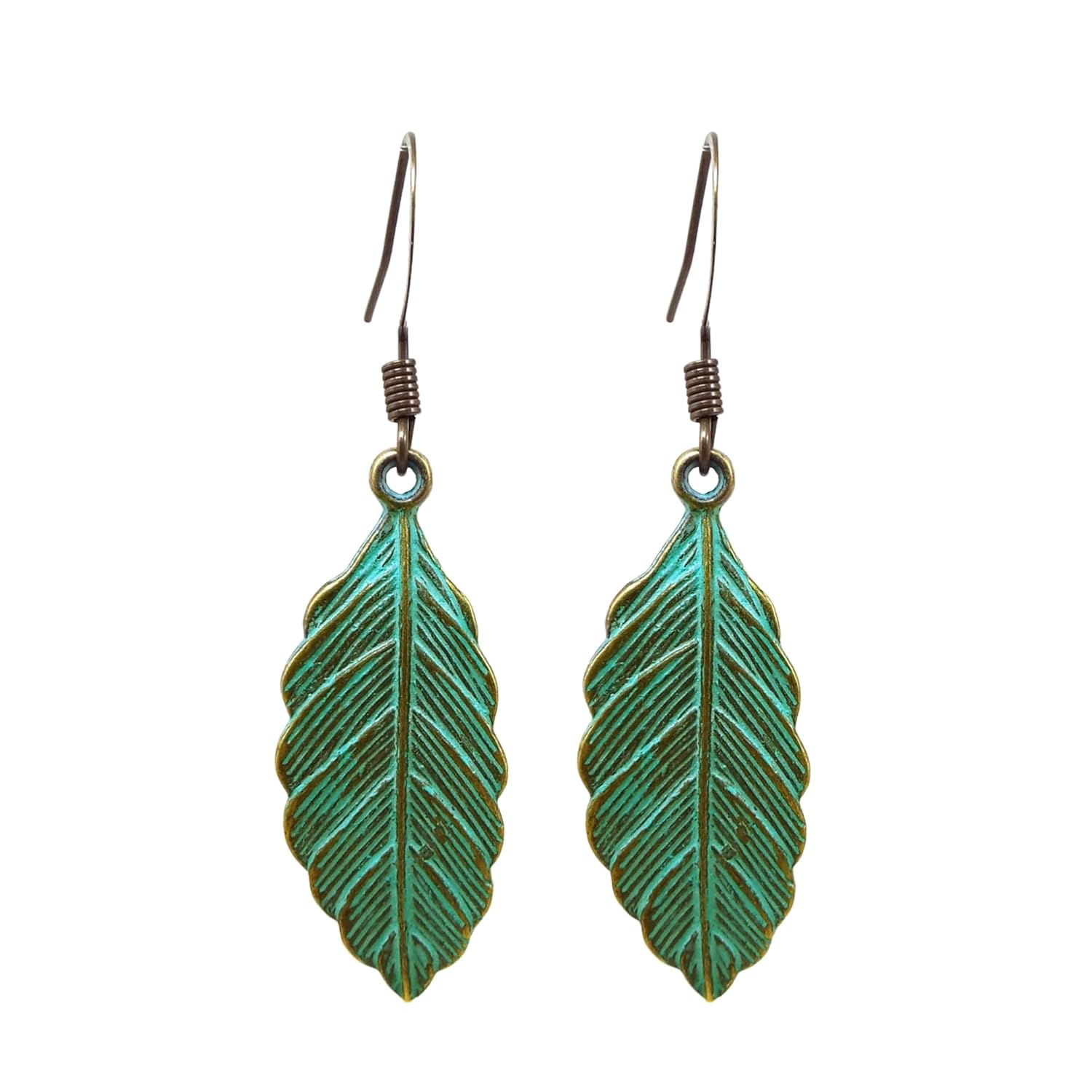 Metal Feather or Leaf Dangle Earrings with Teal Verdigris Patina over Brass with Antiqued Brass Ear Wires