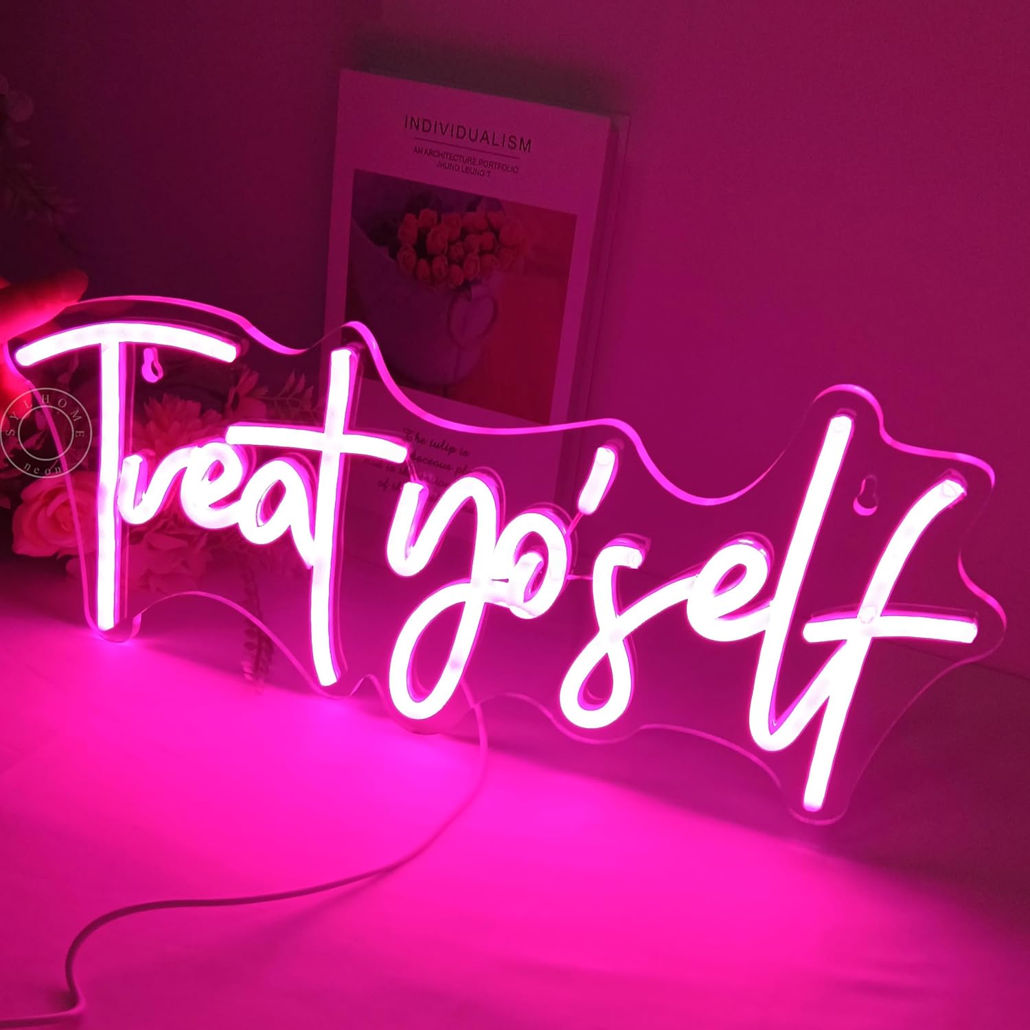 Letrero de luz LED de neón rosa con texto en inglés “Treat Yourself”, para dormitorio, habitación de los niños, sala de estar, decoración de pared,