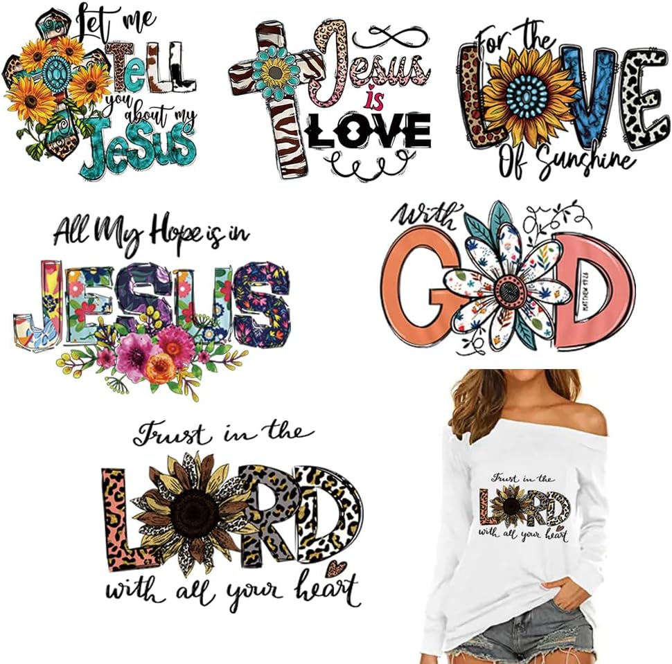 6 hojas de parches de transferencia de Jesús para planchar, decoración de prensa de calor, diseño de la letra de Jesús Dios, calcomanías de vinilo