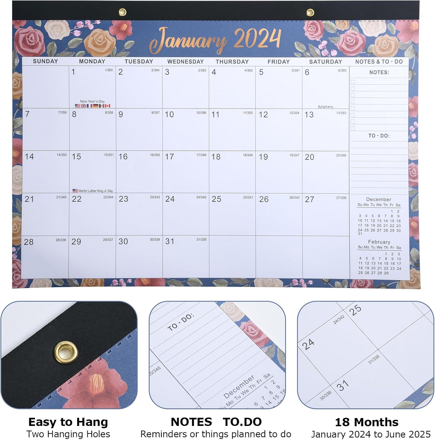 Calendario de pared 2024-2025 Calendario grande de escritorio 2024 con lista de tareas, calendario de escritorio de 18 meses  calendario de pared,