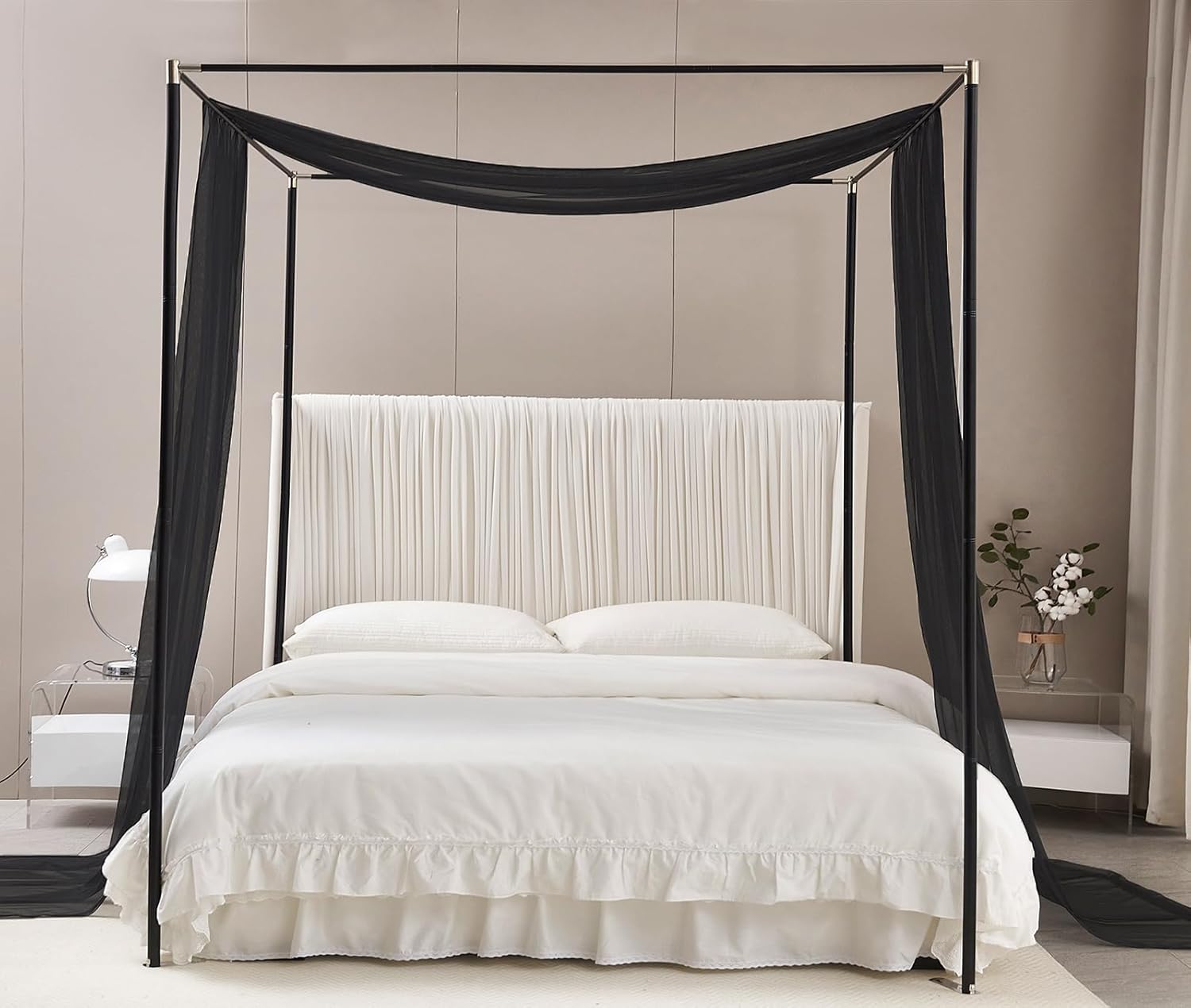 Akiky Cortinas de dosel para cama, toldos negros transparentes, cenefa, 1 panel de toldo, tamaño King, bufanda, cenefa para decoración del hogar