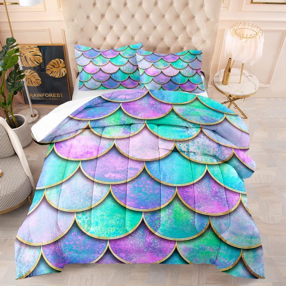 Juego de edredón de tamaño matrimonial con estampado de escamas de sirena para niños, adolescentes y niñas, juego de edredón de microfibra suave,