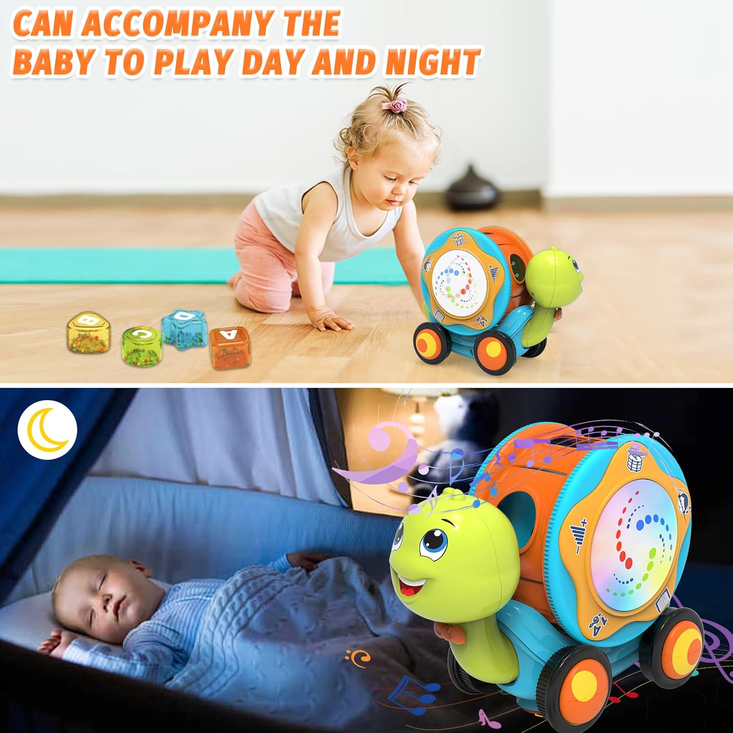 Juguete musical de tortuga para bebés de 6 a 12 meses, juguetes musicales para gatear con tambor de mano ligero y sonido, regalos educativos de