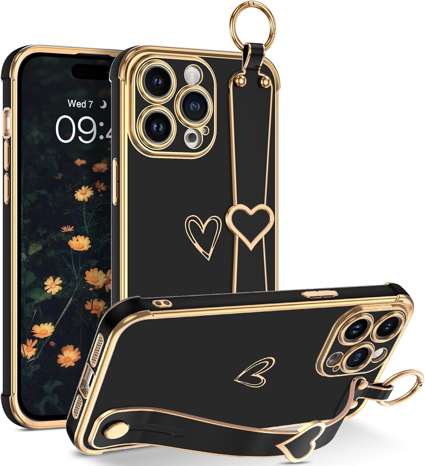 BENTOBEN Funda compatible con iPhone 15 Pro Max, iPhone 15 Pro Max con correa ajustable para la muñeca, soporte de apoyo de lujo con bonito corazón