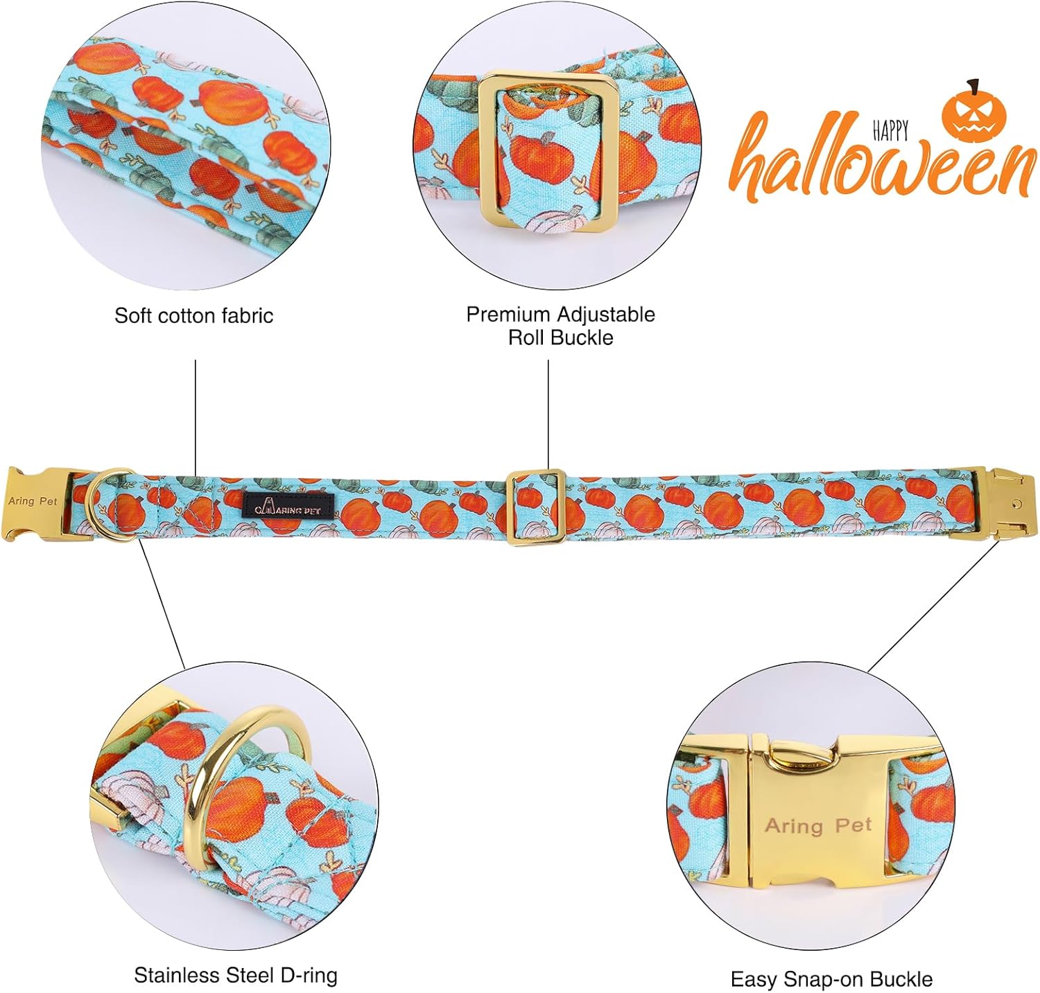 ARING PET Collar de perro de Halloween de algodón con diseño de calabaza con lazo, ajustable de calabaza azul, collares para cachorros con hebilla