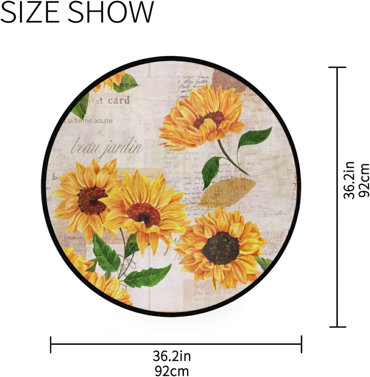 Alfombra redonda de verano vintage de girasoles de 3 pies, alfombra circular de flores florales en acuarela, suave, antideslizante, para sala de