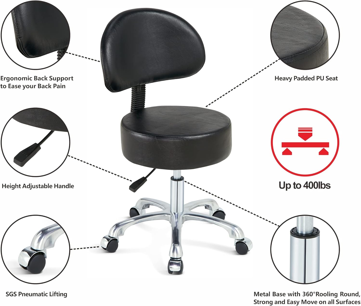 Taburete giratorio negro con ruedas, acolchado grueso y resistente, taburete ajustable con ruedas para médico, médico, salón de masajes, oficina,