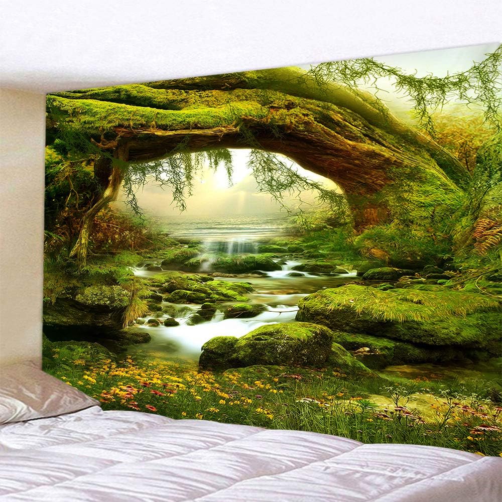 Tapiz de bosque mágico, decoración para el hogar, sala de estar, dormitorio, para usar como cortina (luz del sol y arroyo, 90.5 de largo x 70.8 de