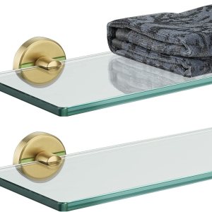 JQK Estante de vidrio para baño dorado, almacenamiento de ducha de vidrio templado de 16 x 5 pulgadas, soporte de pared dorado cepillado de acero JQK Estante de vidrio para baño dorado, almacenamiento de ducha de vidrio templado de 16 x 5 pulgadas, soporte de pared dorado cepillado de acero
