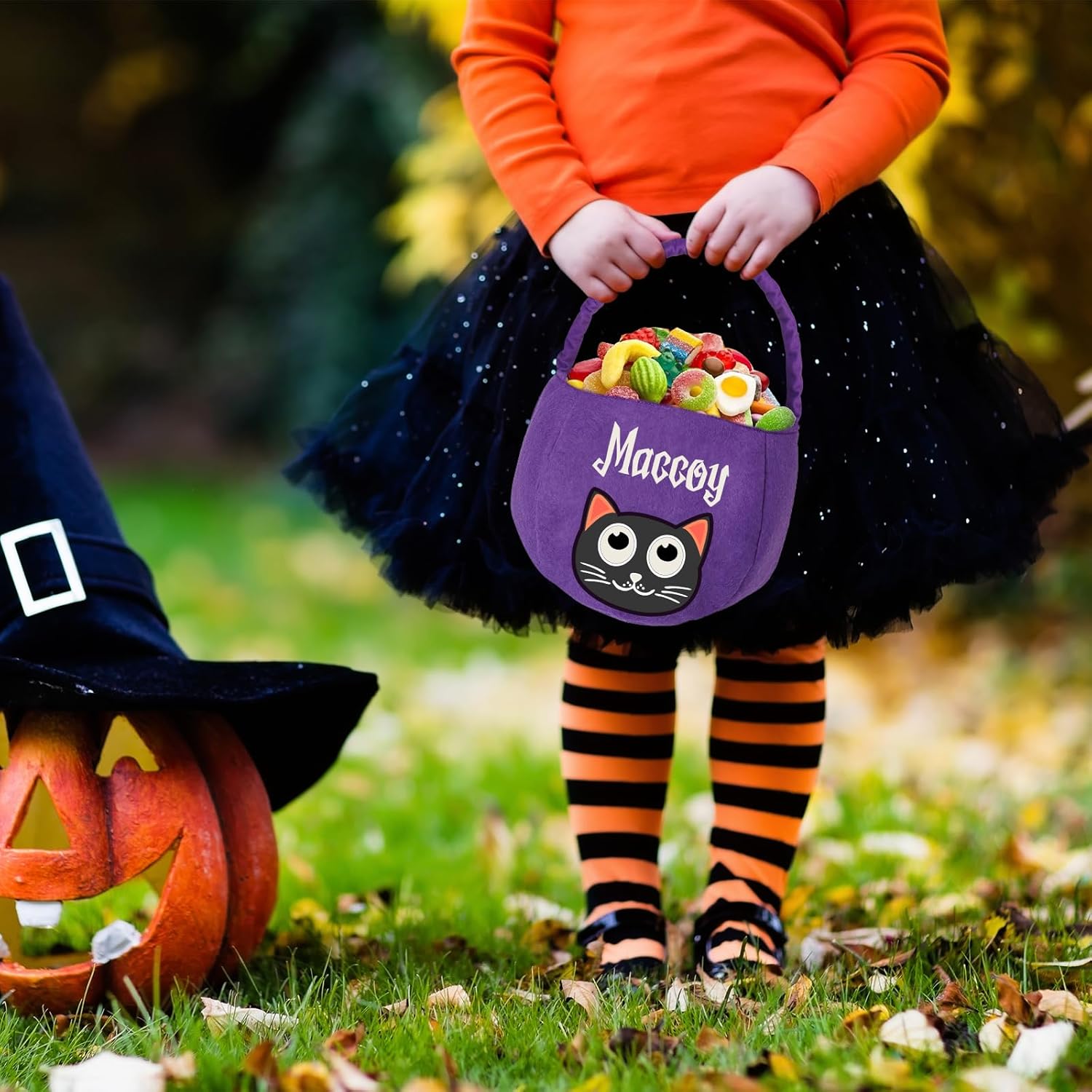 Bolsa de Halloween personalizada con nombre, 12 patrones impresos, bolsa de dulce o truco para niños, bolsa de fiesta de dulces personalizada para
